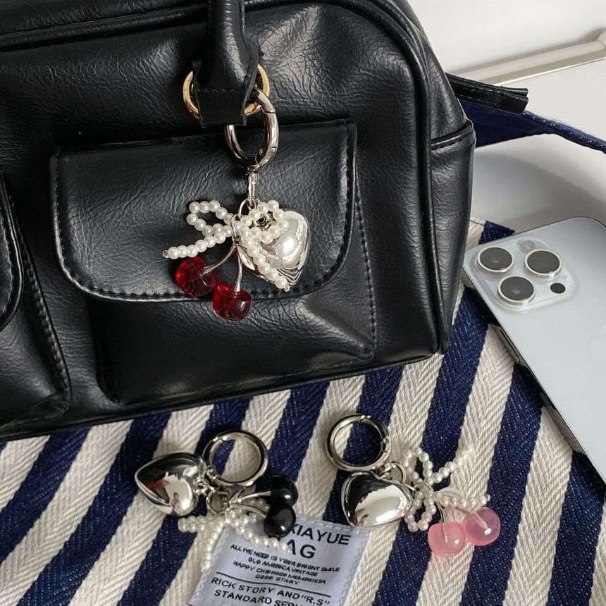 Cherry Resin Beaded Bow Heart Alloy Bag Charm Keyring