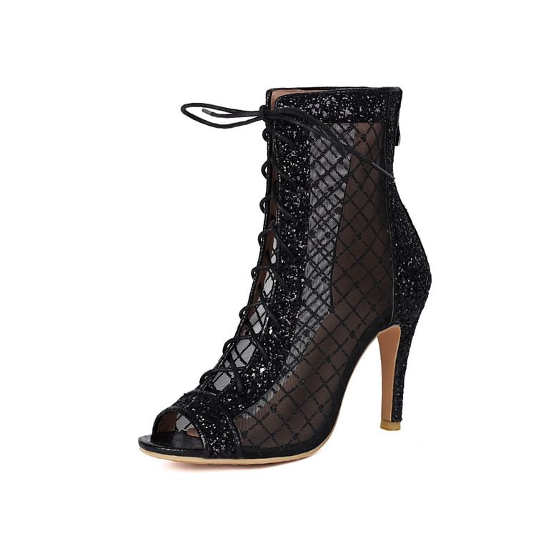 Peep Toe Sequin Lace-Up Mesh High Heel Short Boots