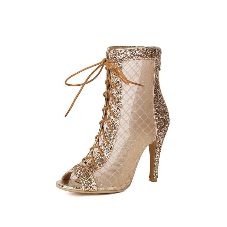 Peep Toe Sequin Lace-Up Mesh High Heel Short Boots