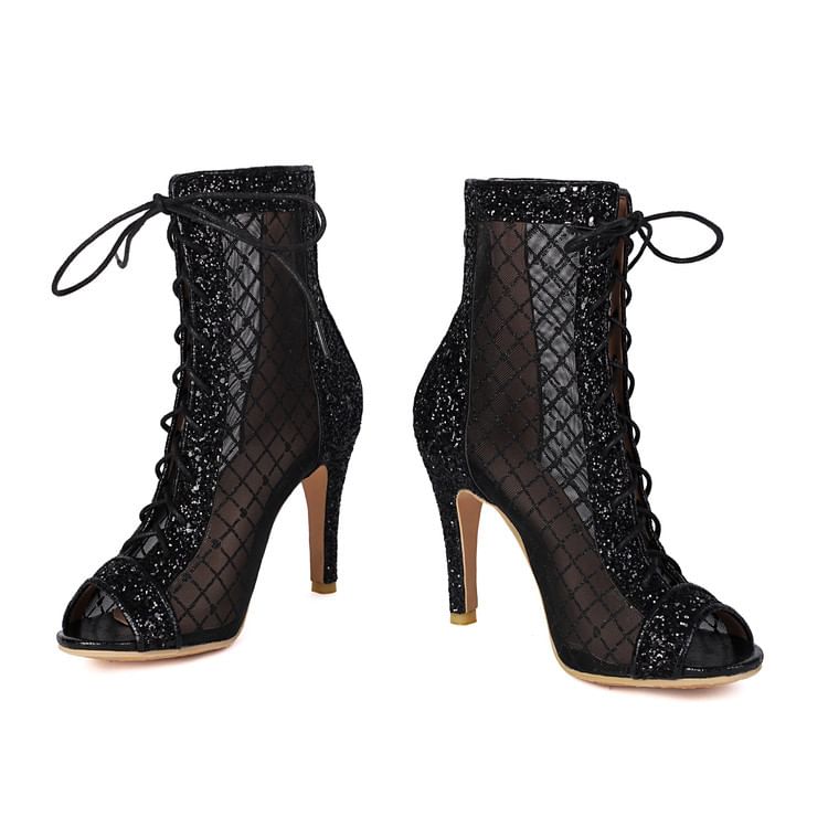 Peep Toe Sequin Lace-Up Mesh High Heel Short Boots