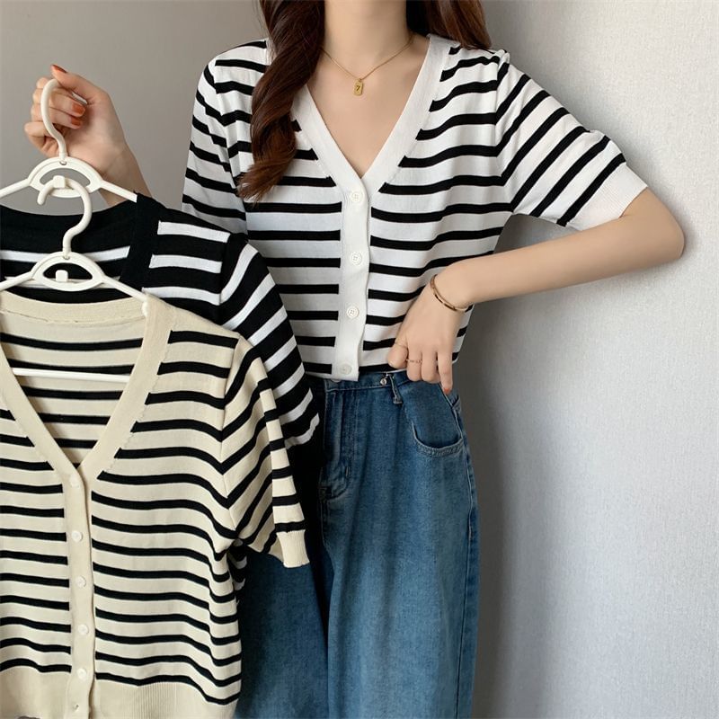 Short Sleeve V-Neck Striped Cardigan