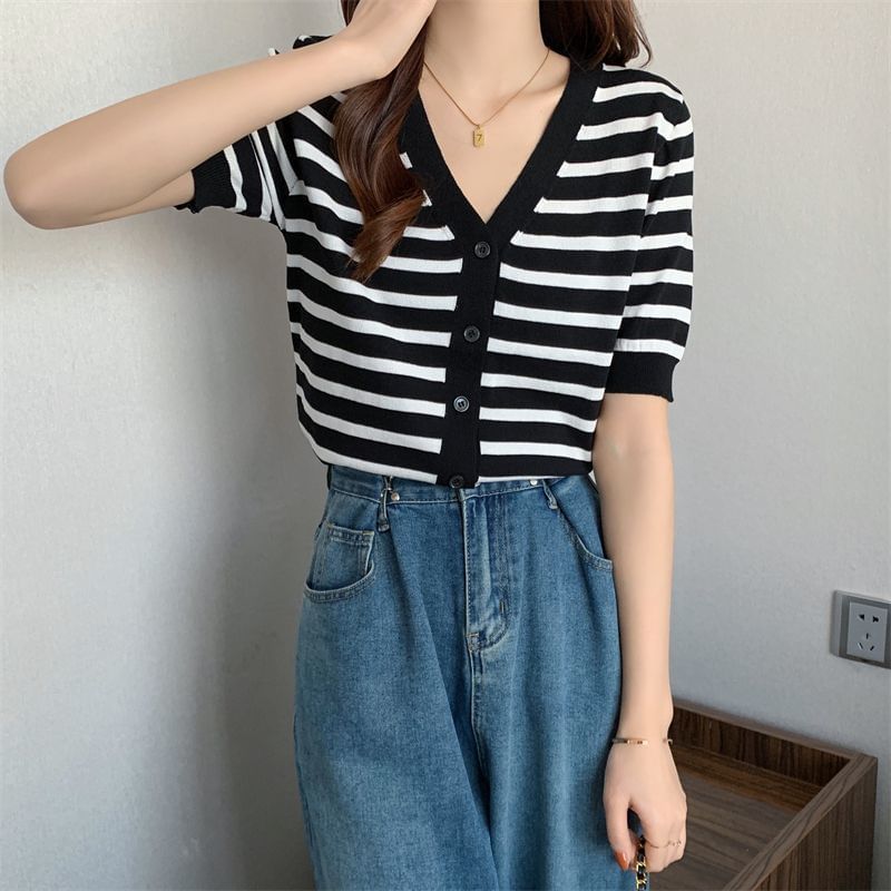 Short Sleeve V-Neck Striped Cardigan