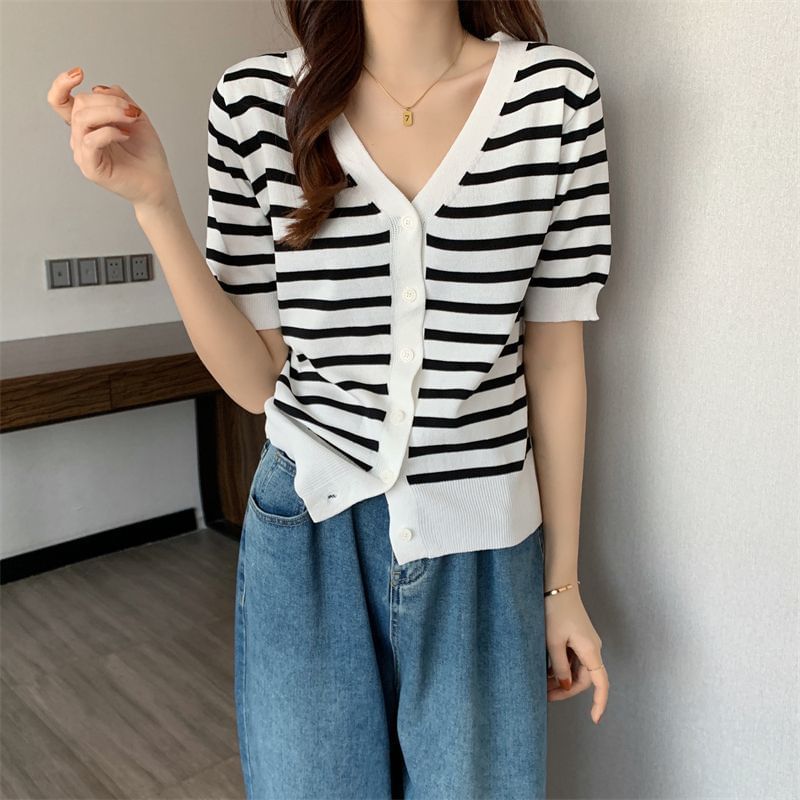 Short Sleeve V-Neck Striped Cardigan
