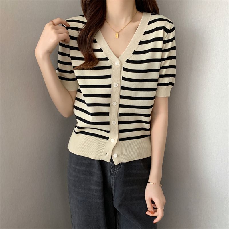 Short Sleeve V-Neck Striped Cardigan