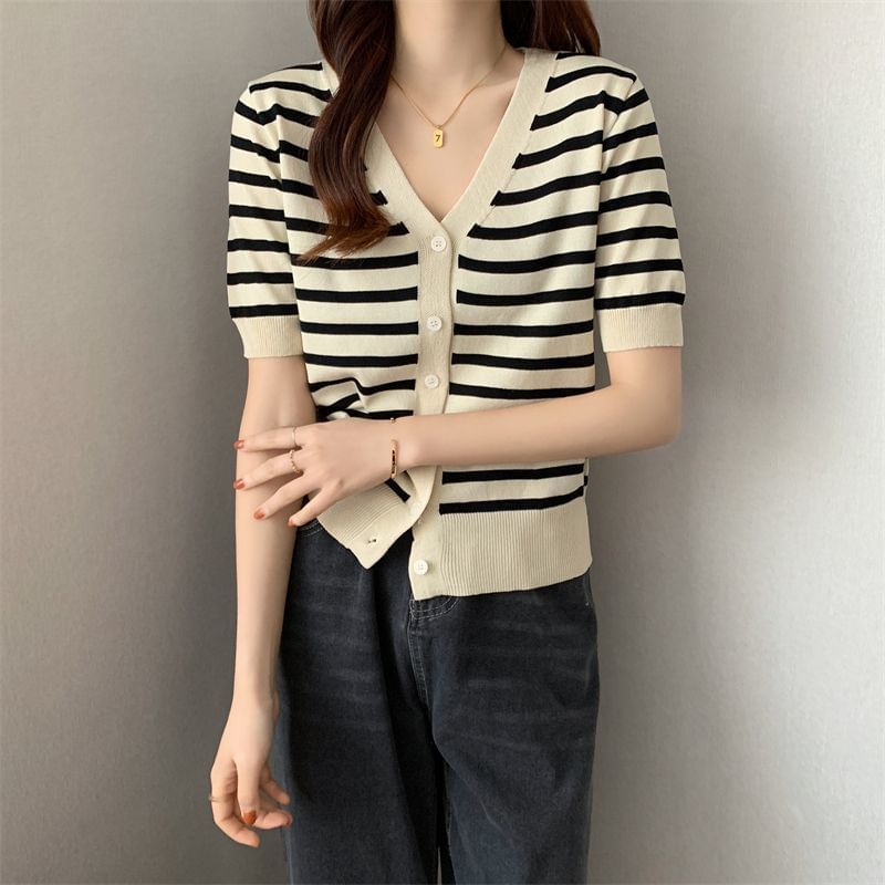 Short Sleeve V-Neck Striped Cardigan