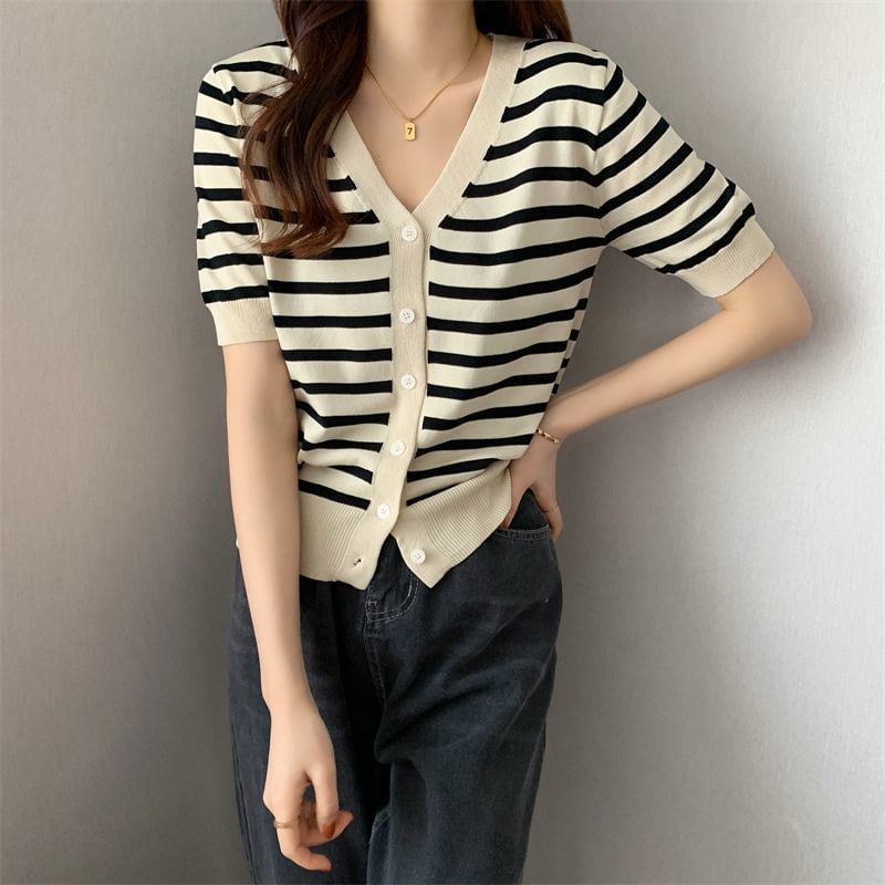 Short Sleeve V-Neck Striped Cardigan
