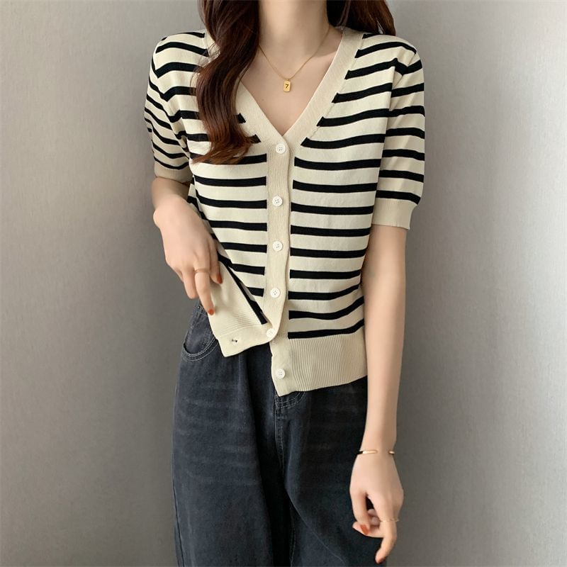 Short Sleeve V-Neck Striped Cardigan