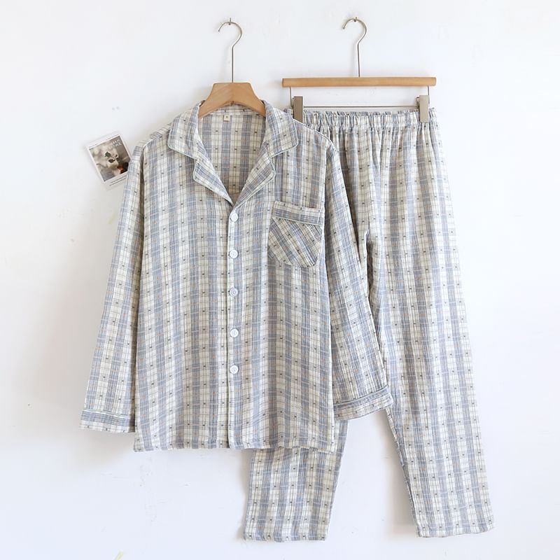 Couple Matching Lapel Collar Plaid Button Pajama Top / Lounge Shorts / Pants (Various Designs)