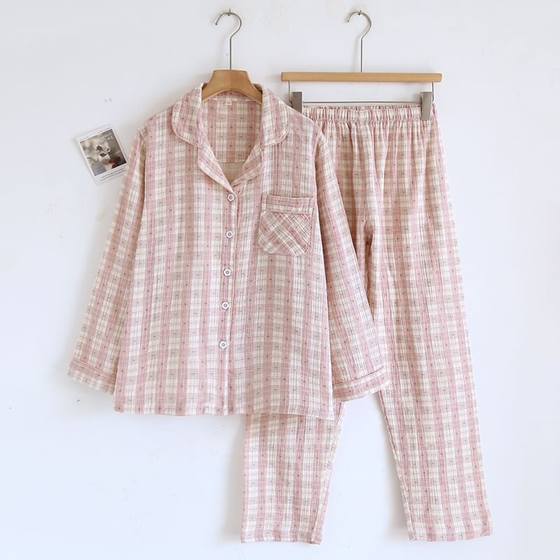 Couple Matching Lapel Collar Plaid Button Pajama Top / Lounge Shorts / Pants (Various Designs)