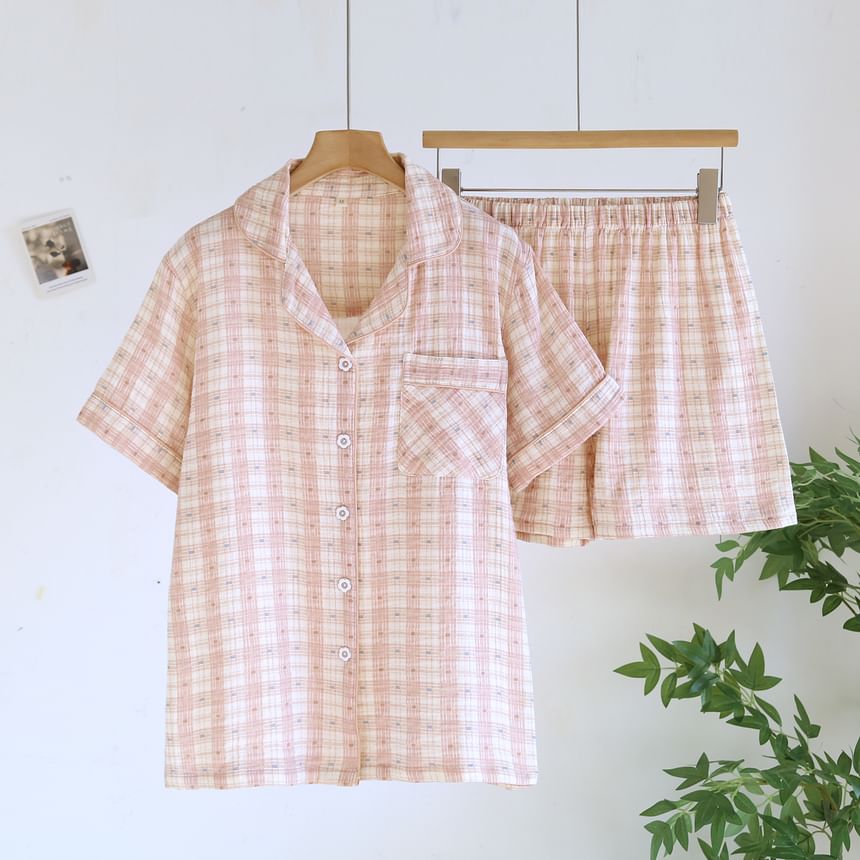 Couple Matching Lapel Collar Plaid Button Pajama Top / Lounge Shorts / Pants (Various Designs)