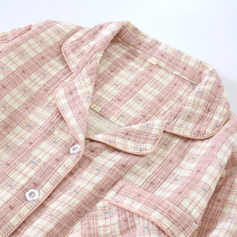 Couple Matching Lapel Collar Plaid Button Pajama Top / Lounge Shorts / Pants (Various Designs)