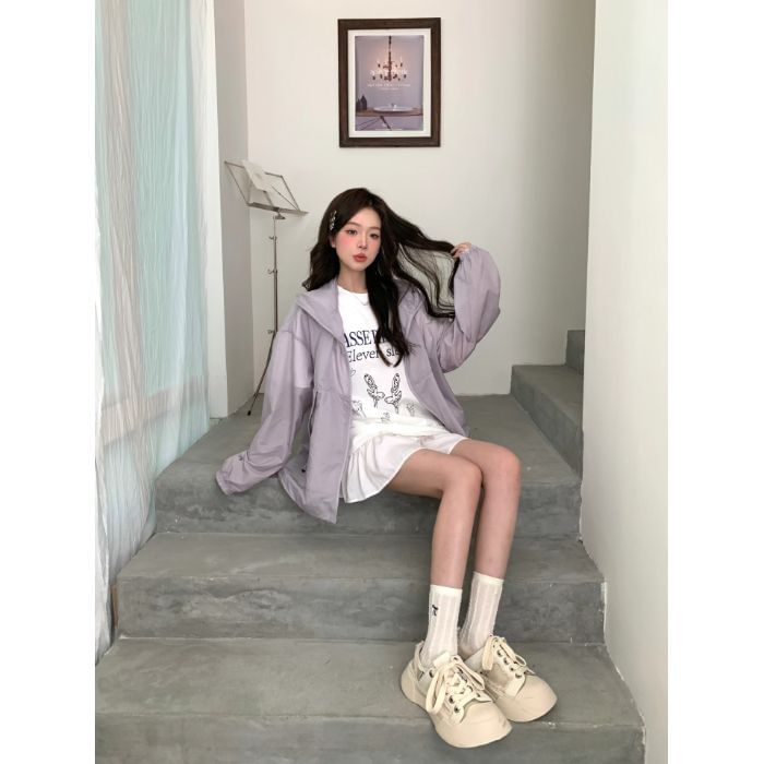 Hooded Zip-Front Stand-Collar Plain Windbreaker