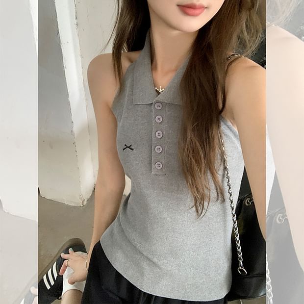 Embroidered Bow Halter Collared Buttoned Top