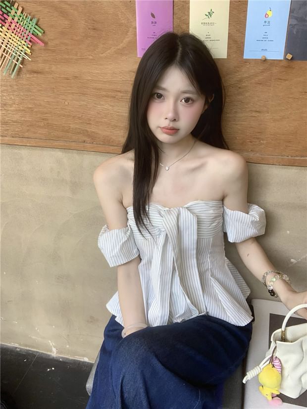 Off-Shoulder Striped Tie-Front Short-Sleeved Blouse