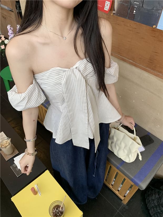 Off-Shoulder Striped Tie-Front Short-Sleeved Blouse