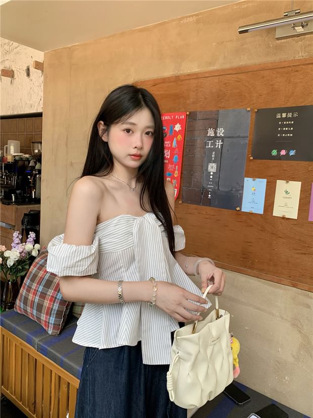 Off-Shoulder Striped Tie-Front Short-Sleeved Blouse