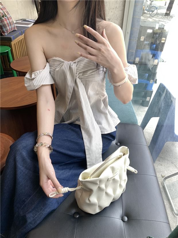 Off-Shoulder Striped Tie-Front Short-Sleeved Blouse