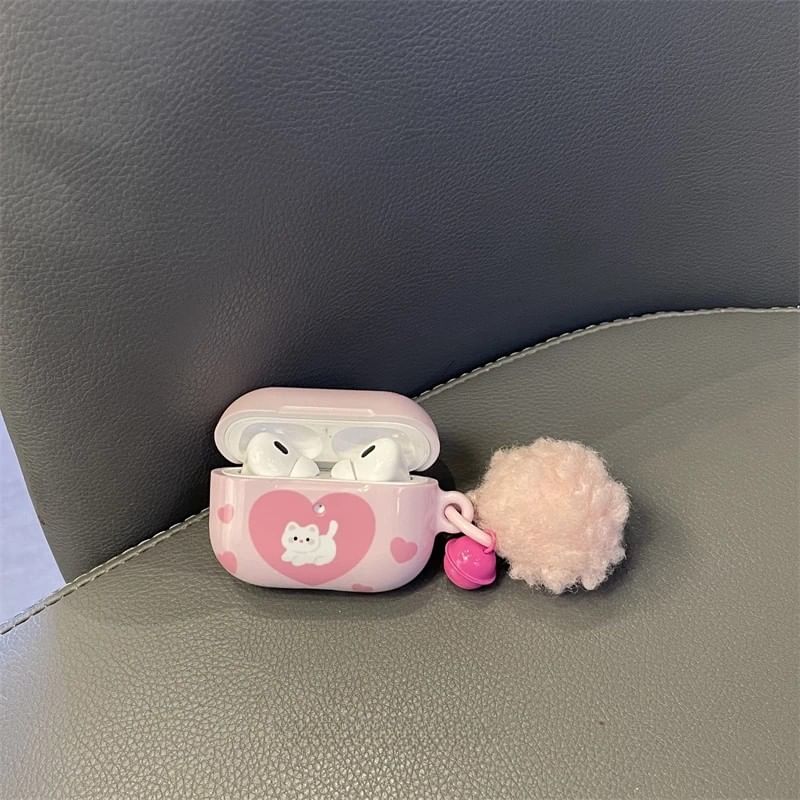 Heart Cat Apple AirPods / Pro Earphone Case Skin / Pom Pom Charm / Set
