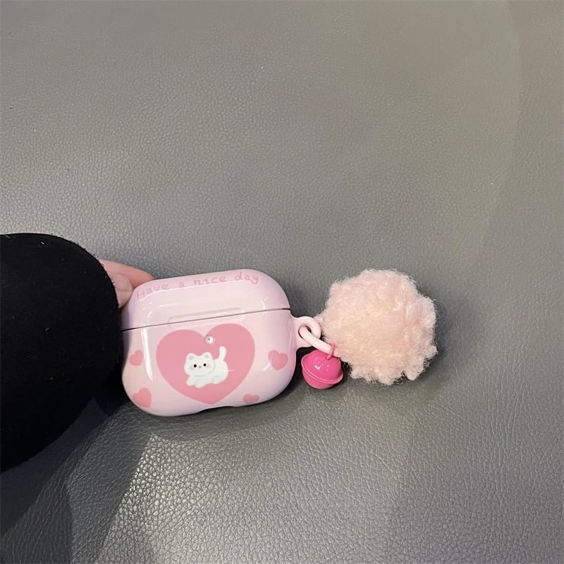 Heart Cat Apple AirPods / Pro Earphone Case Skin / Pom Pom Charm / Set