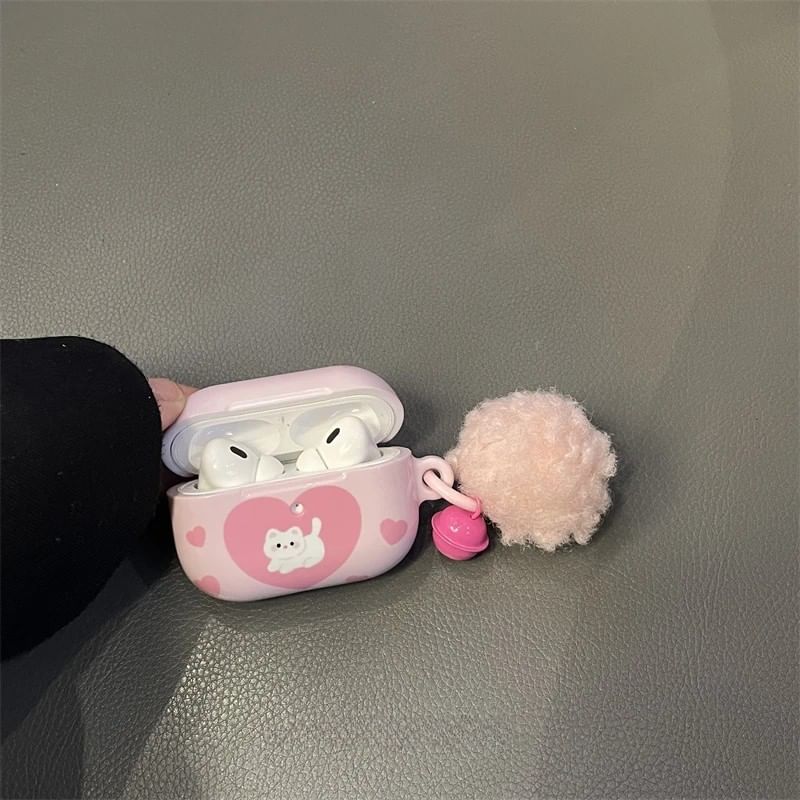 Heart Cat Apple AirPods / Pro Earphone Case Skin / Pom Pom Charm / Set