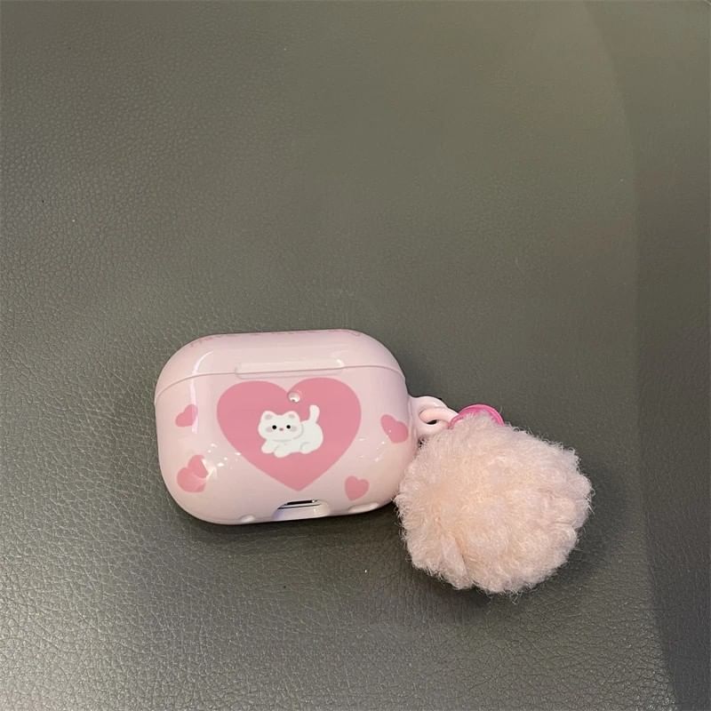 Heart Cat Apple AirPods / Pro Earphone Case Skin / Pom Pom Charm / Set