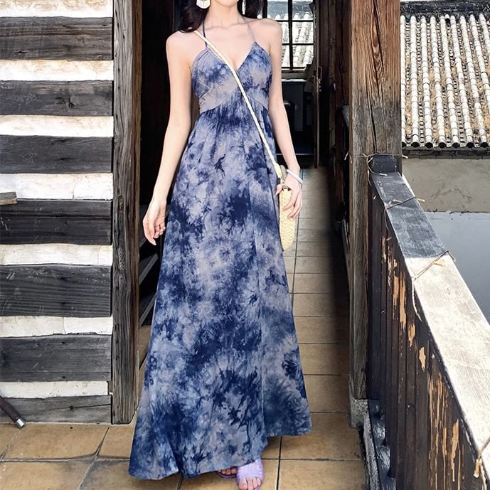 Tie Dye Halter Maxi Sundress - Altfashion Shop
