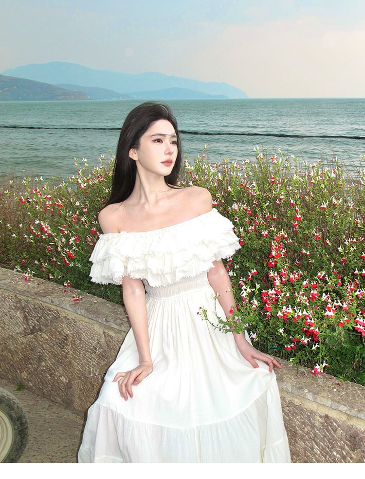 Black Off-Shoulder Ruffle Trim Tiered Maxi Dress - Altfashion Shop