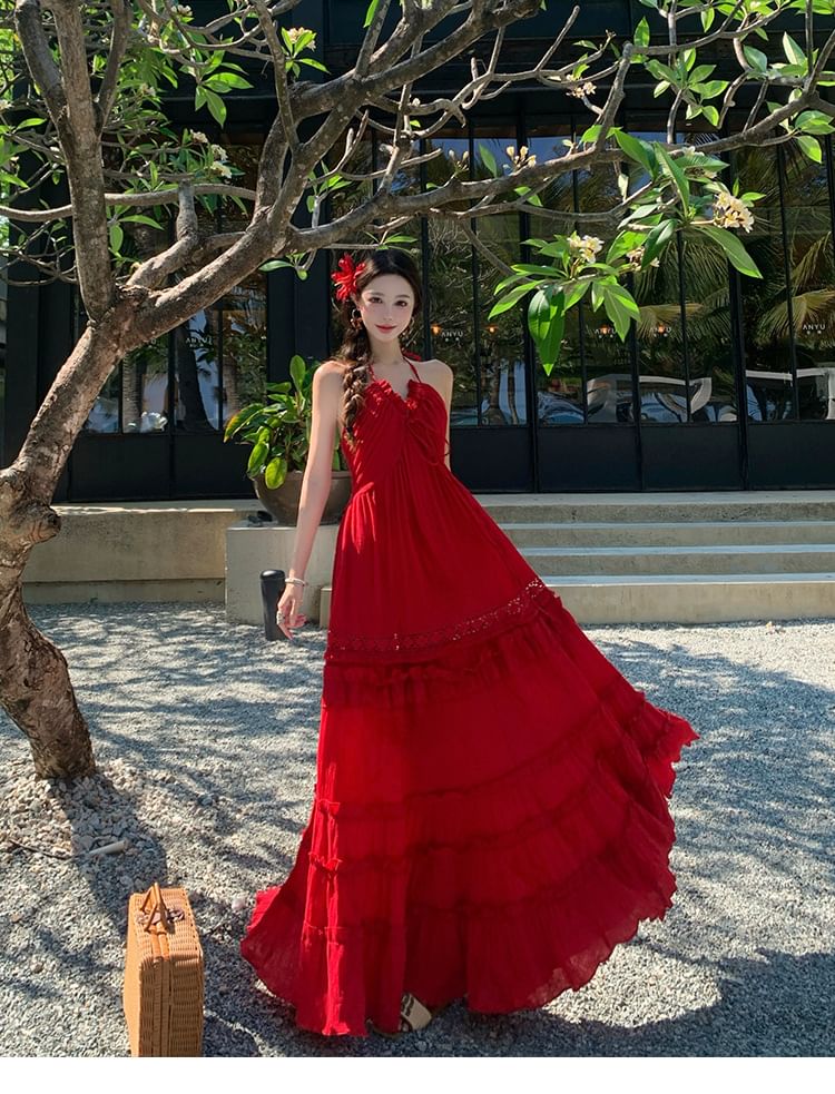 Black Halter Open Back Ruffle Tiered Maxi Dress - Altfashion Shop