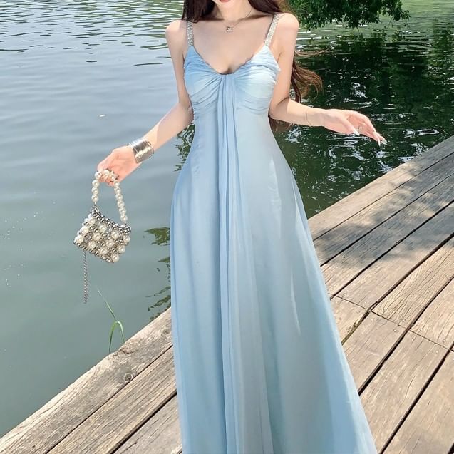 Black Spaghetti Strap Knot Rhinestone Maxi Dress - Altfashion Shop