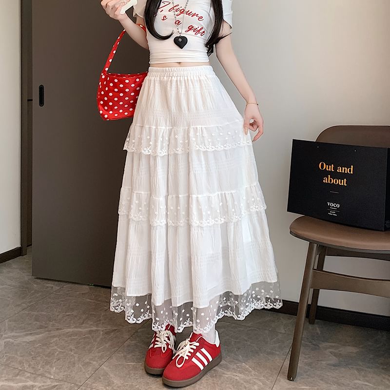 Lace Trim Tiered Midi A-Line Skirt with High Waist