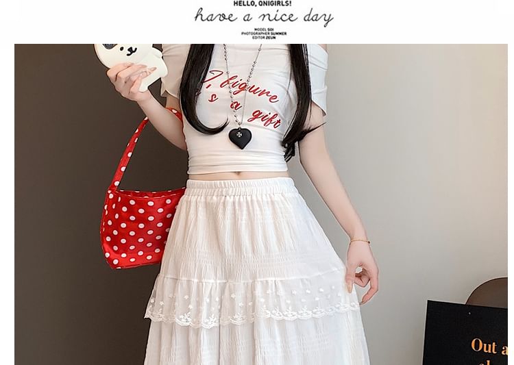 Lace Trim Tiered Midi A-Line Skirt with High Waist