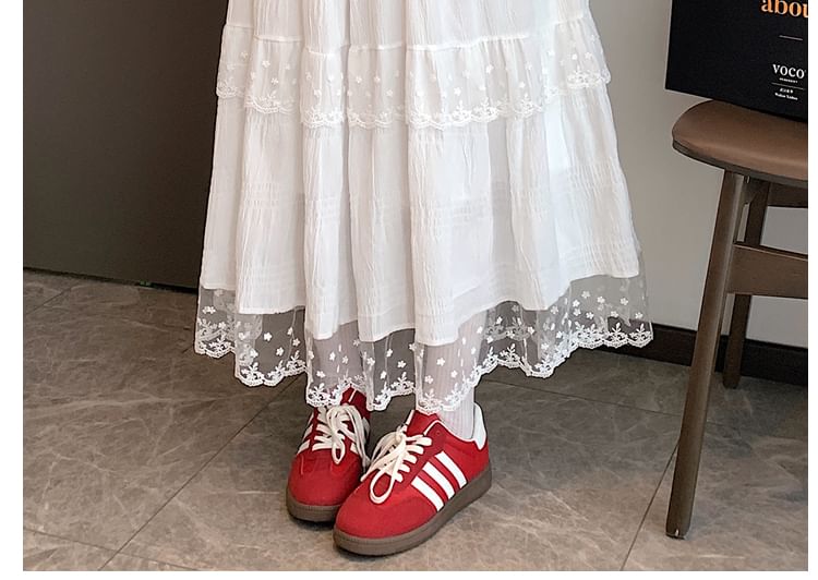 Lace Trim Tiered Midi A-Line Skirt with High Waist