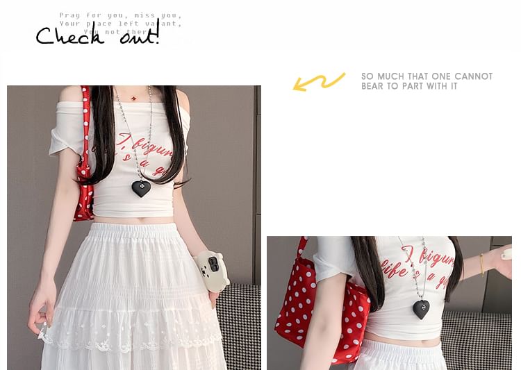 Lace Trim Tiered Midi A-Line Skirt with High Waist
