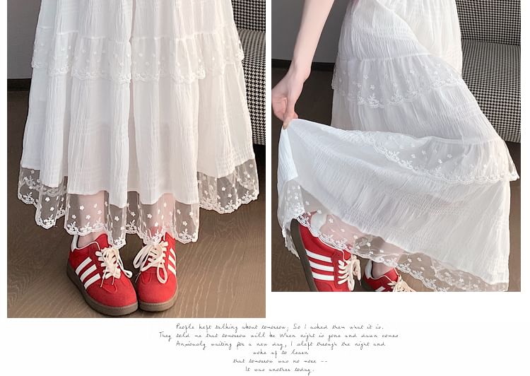 Lace Trim Tiered Midi A-Line Skirt with High Waist