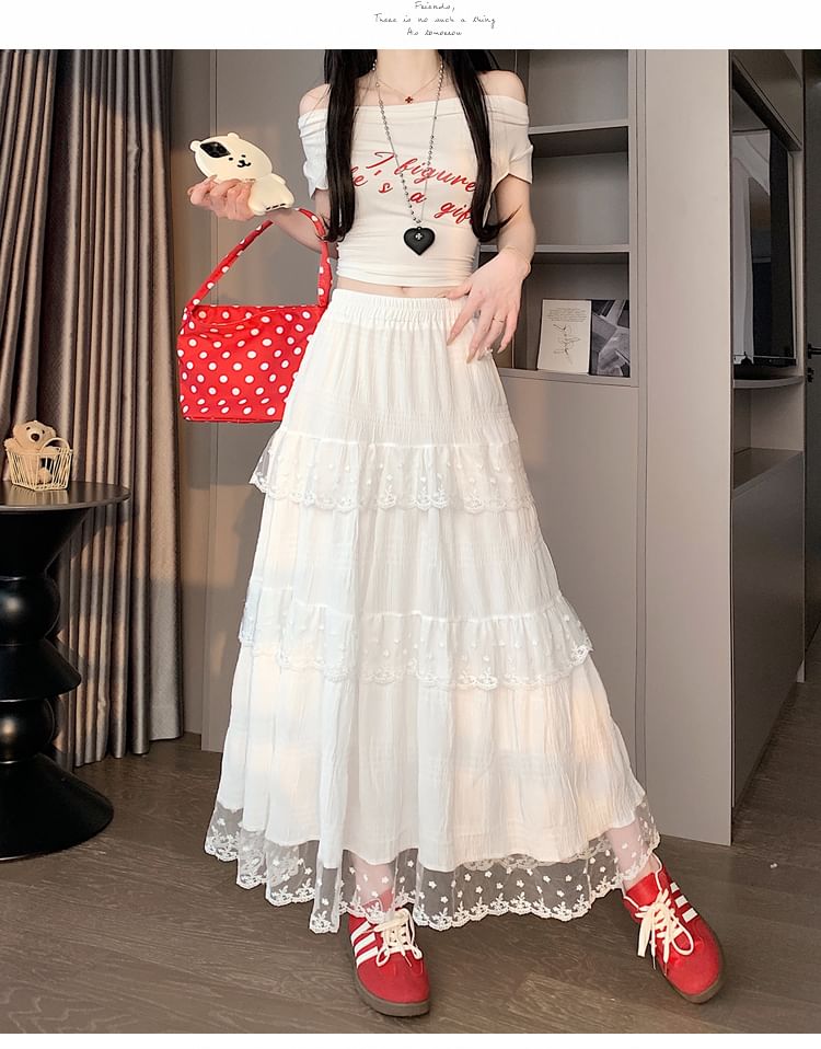 Lace Trim Tiered Midi A-Line Skirt with High Waist