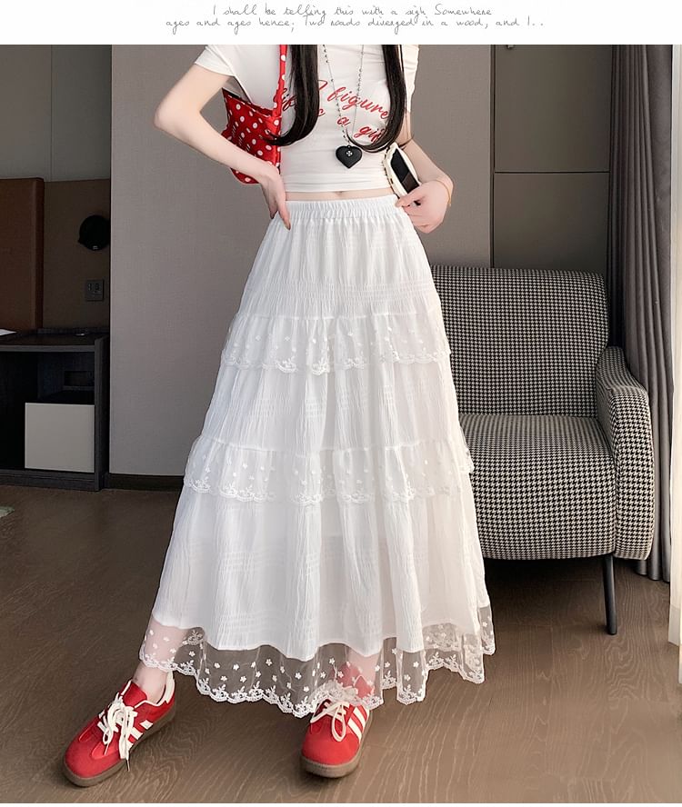 Lace Trim Tiered Midi A-Line Skirt with High Waist