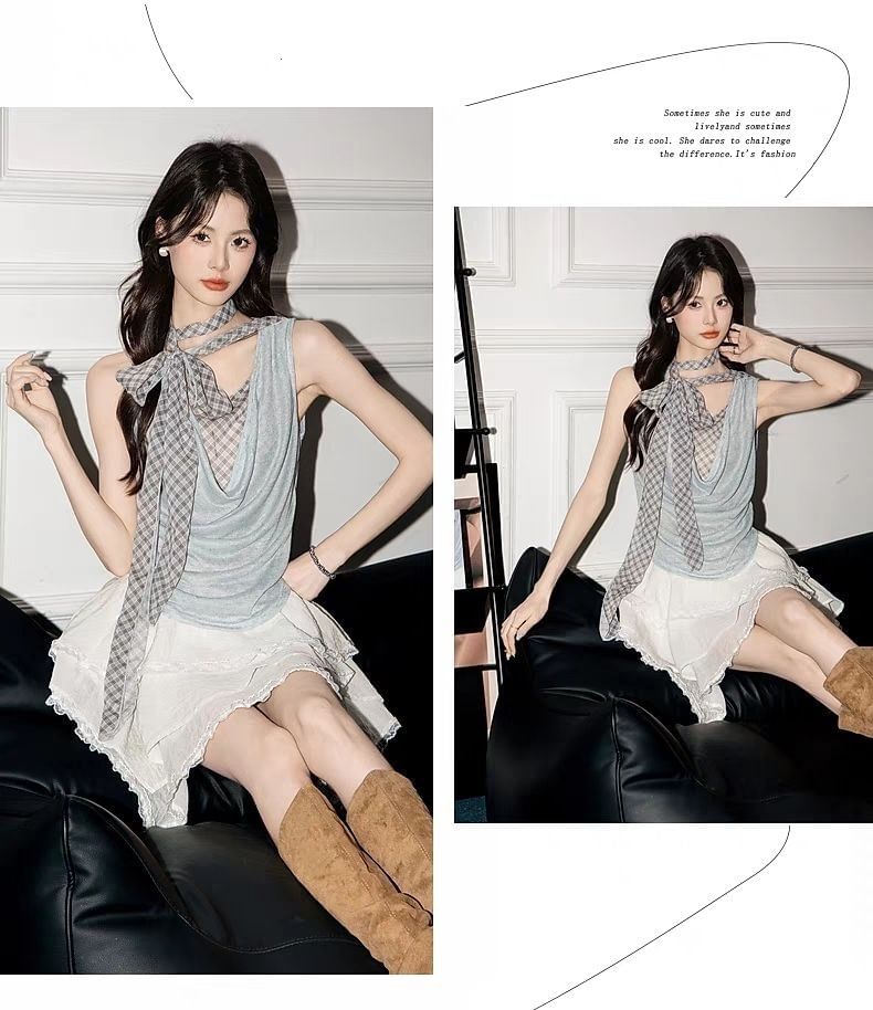 Plaid Panel Shirred Halter-Neck Blouse
