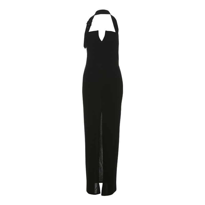 Denim Halter Neck Slit Bodycon Maxi Dress - Altfashion Shop
