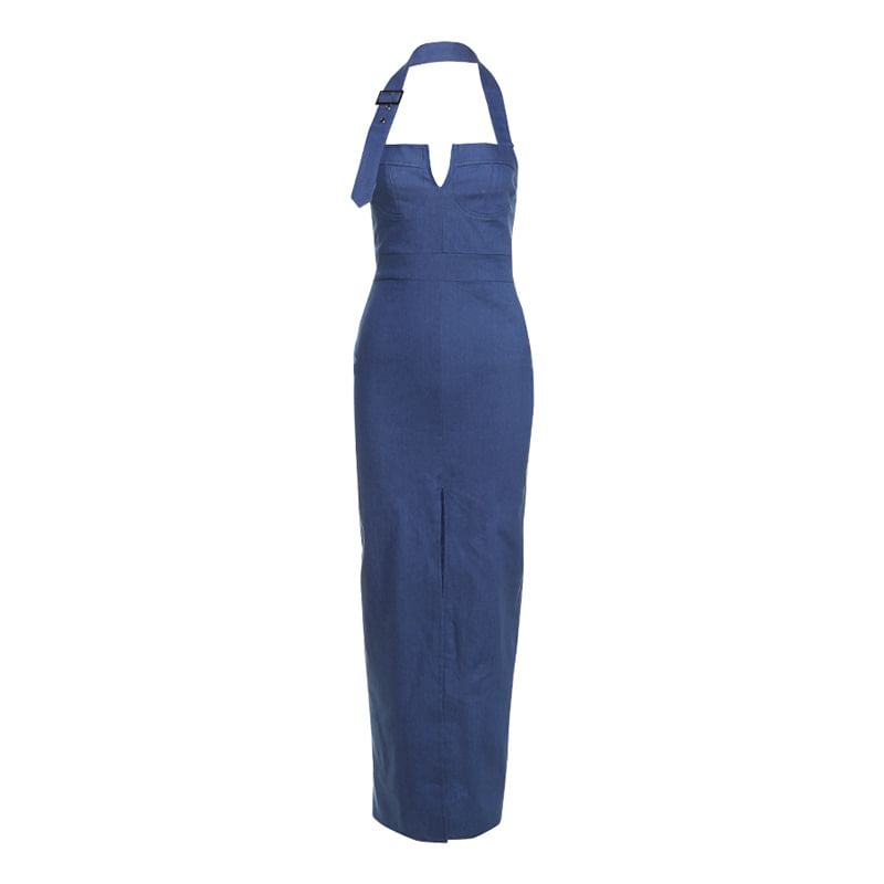Denim Halter Neck Slit Bodycon Maxi Dress - Altfashion Shop