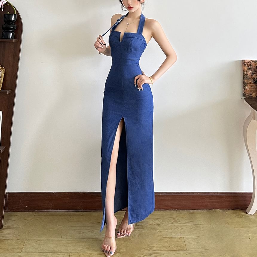 Denim Halter Neck Slit Bodycon Maxi Dress - Altfashion Shop