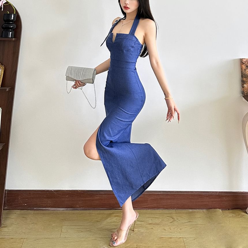 Denim Halter Neck Slit Bodycon Maxi Dress - Altfashion Shop