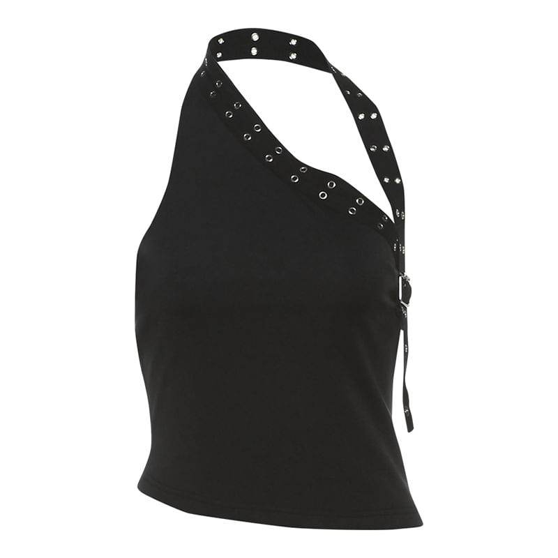 Asymmetric Cut-Out Buckle Tank & Low-Waist Studded Hot Pants