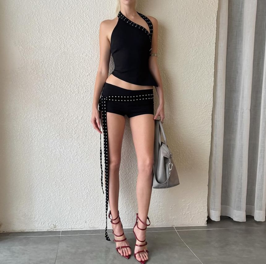 Asymmetric Cut-Out Buckle Tank & Low-Waist Studded Hot Pants