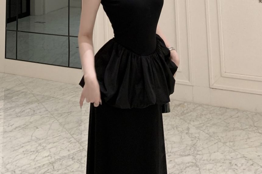 Black Collared Peplum Keyhole Maxi A-Line Dress - Altfashion Shop
