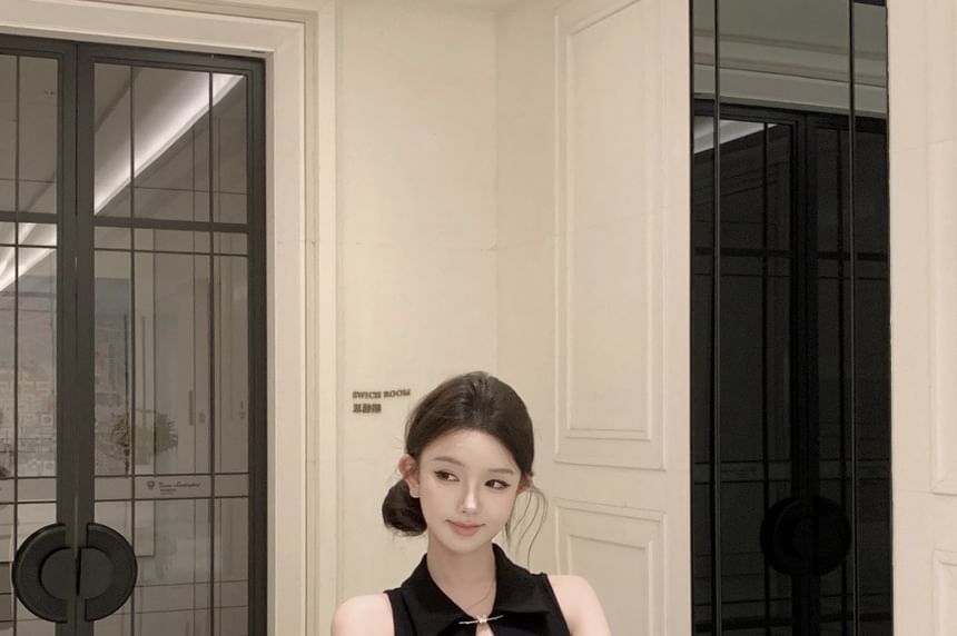 Black Collared Peplum Keyhole Maxi A-Line Dress - Altfashion Shop
