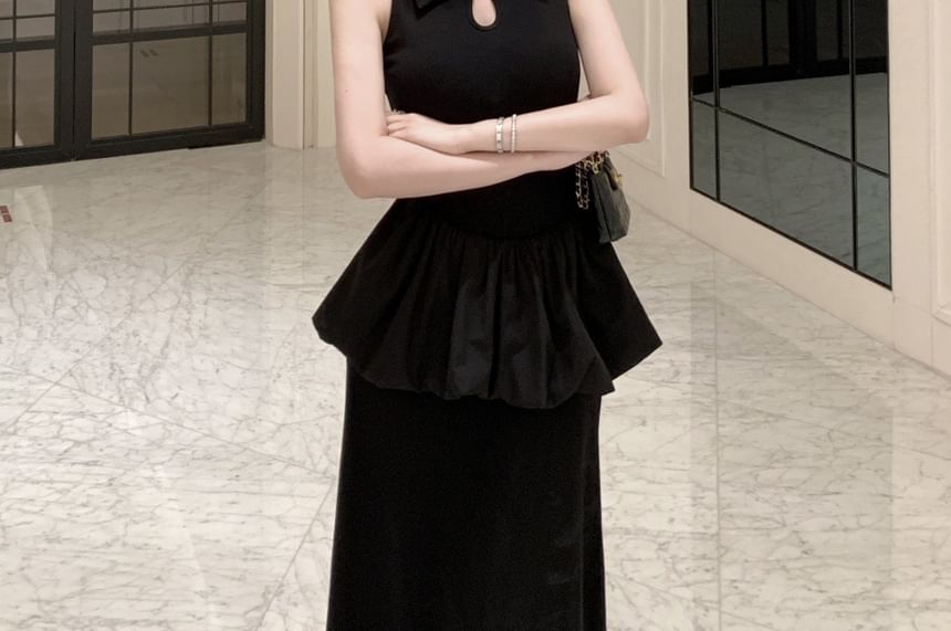 Black Collared Peplum Keyhole Maxi A-Line Dress - Altfashion Shop