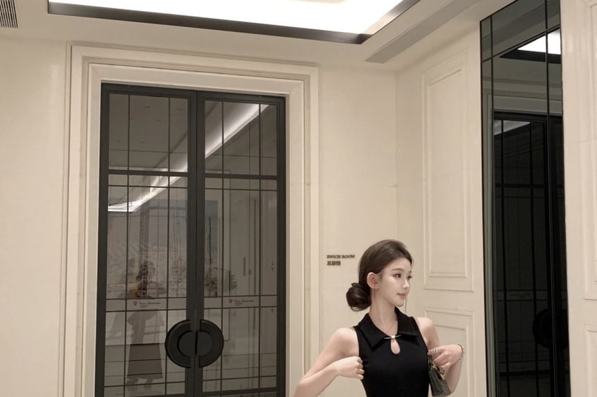 Black Collared Peplum Keyhole Maxi A-Line Dress - Altfashion Shop