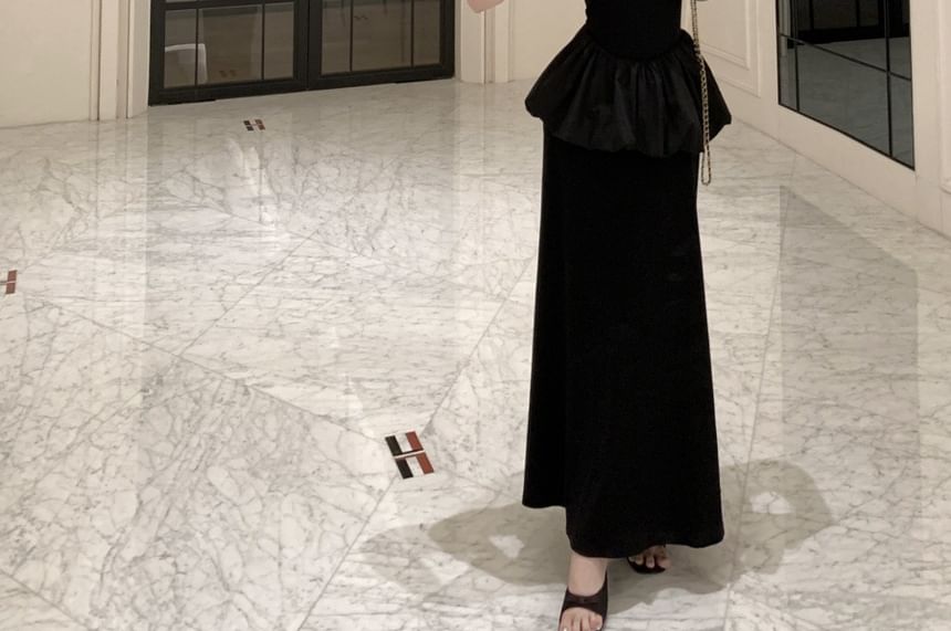 Black Collared Peplum Keyhole Maxi A-Line Dress - Altfashion Shop