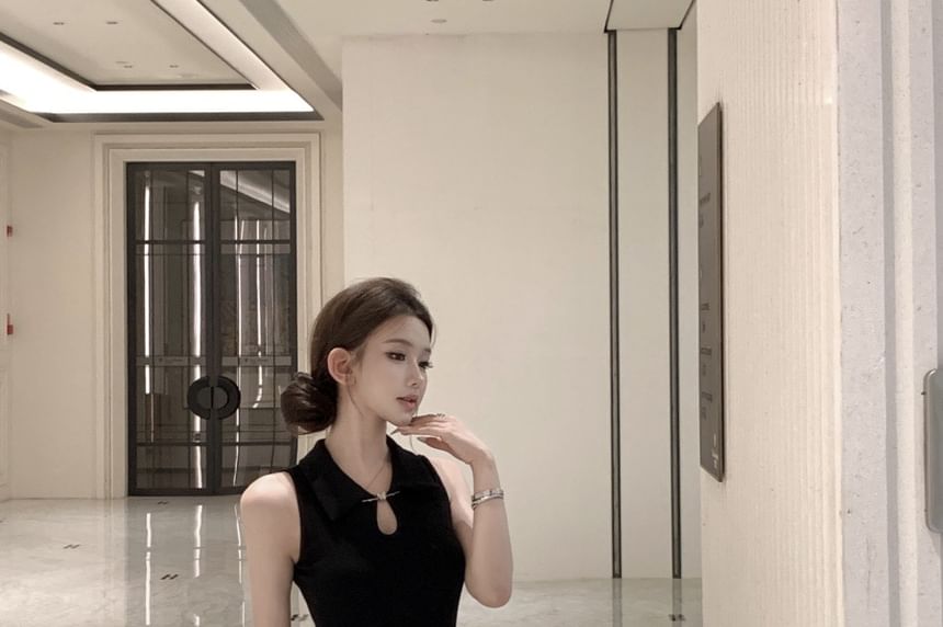 Black Collared Peplum Keyhole Maxi A-Line Dress - Altfashion Shop
