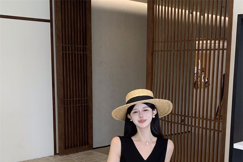 Two-Tone V-Neck Peplum Top and Maxi Pencil Skirt